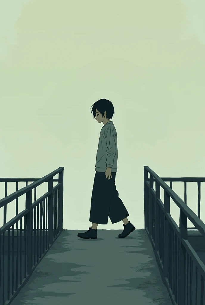 a depressed  walking on bridge, side view, anime style, flat color, 2d, masterpiece