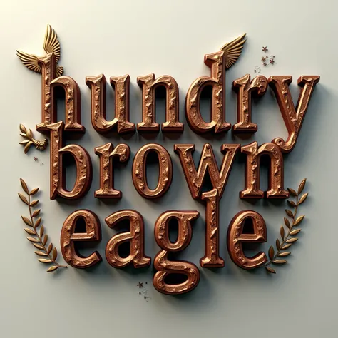 3D. High-quality realistic photo of the name "HUNGRY BROWN EAGLE" in 3D letter style, embossed and realistic, in brown color, indium white and black,