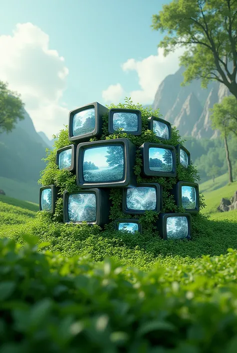 Generate a synthetic environment ,  a camera with false green fields and television screens,  realistic 