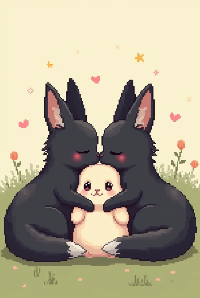 3 black foxes kissing rabbit pixel art style with animal anime theme 