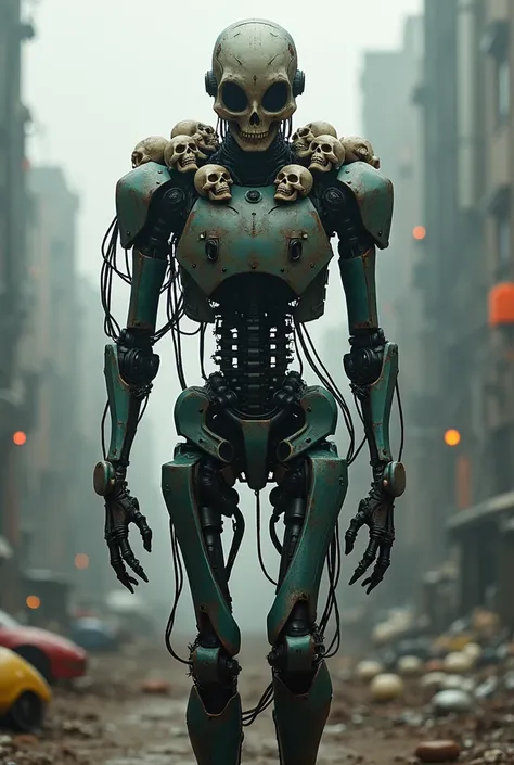 Religion, robot-wire body, wire-body, many small skulls on of the shoulders, cyborg, cyberpunk, apocalyptic background, apocalyps, shows to the future, robots are everywhere around, cruel, unmercy, black eyes, lens, skull head like many wires run on it, 