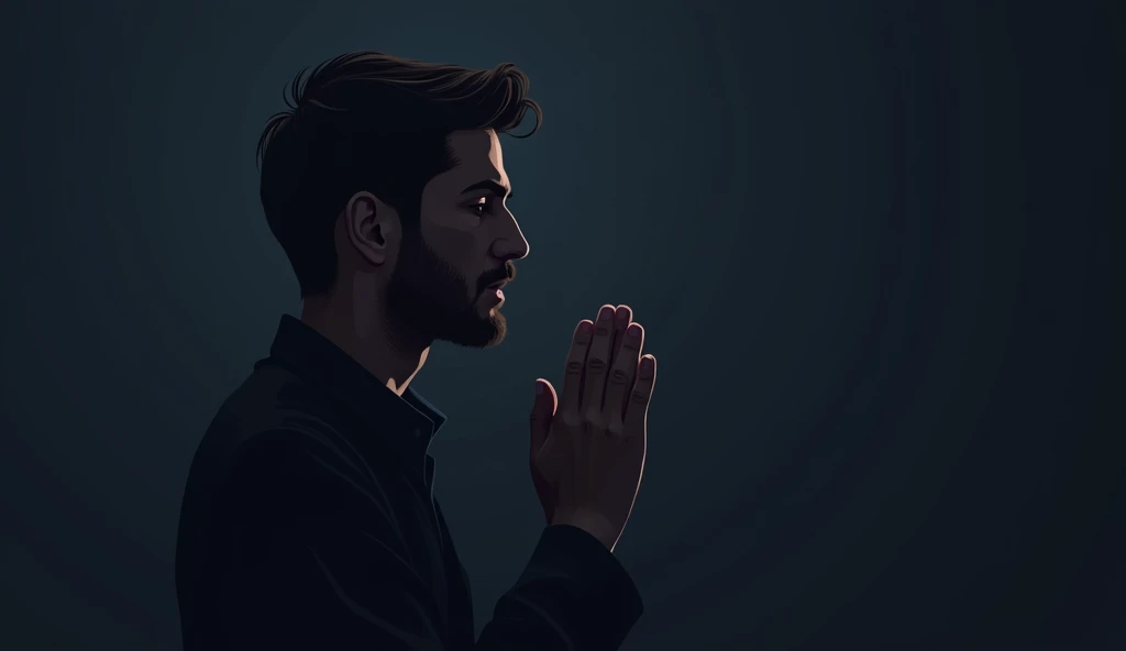  Minimalist digital illustration in solid color vectors, In the foreground hands and mouth of a man praying in a dark place,  his mouth is seen in profile and in the foreground and his hands in front of his mouth, The man is looking to the right 