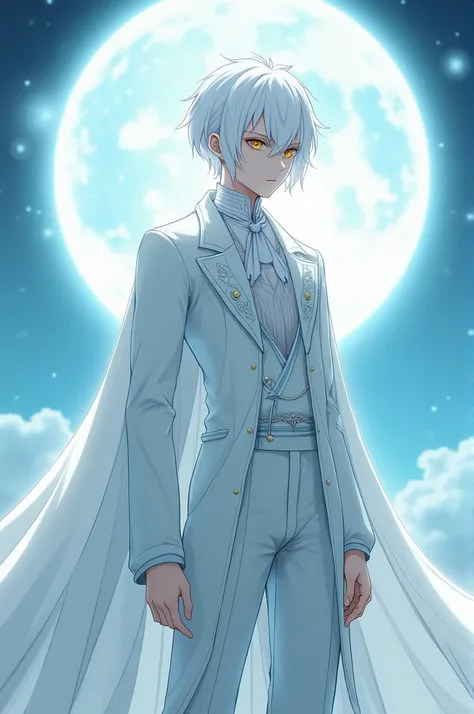 Generate me a Image of a Albine Guy (male) whit a halo (like a blue archive halo) of Light behind him white hair And A white Costume (that seems aristocrath) Whit some hold Hints.... Yellow eyes Whit some of Orange before Reaching his pupil a body a bit fe...