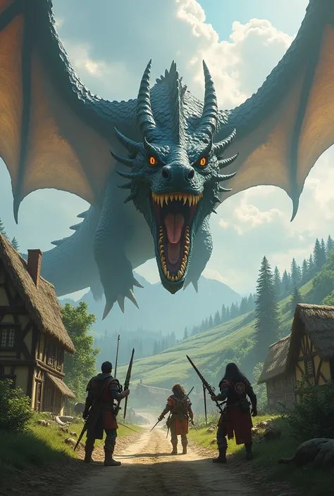 a huge dragon,dragon hunters point and at the dragon,the dragon hunters are defending a village