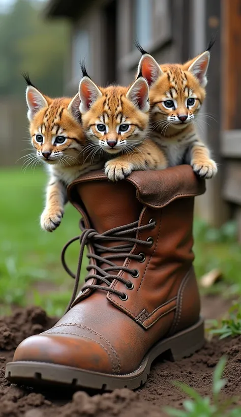  A leather boot soiled with mud ,  in a rustic farm setting ,  filled with incredibly detailed and adorable lynx pups . Each pup has a dense and soft coat ,  with natural patterns that vary between black spots and brown stripes on a golden beige background...