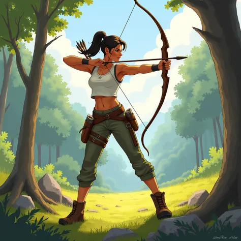 "Create an illustration of a female archer standing confidently in a dynamic pose. She wears a sleeveless white shirt that highlights her athletic build, paired with rugged outdoor pants and sturdy boots. Her long hair is tied back into a practical ponytai...