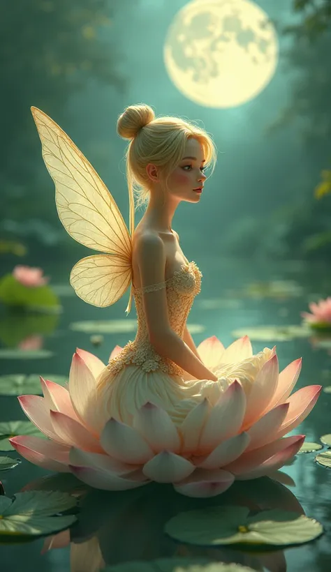 the proportions and detailed textures (in high quality), multicolor brushwork and softened with airbrush, semi-realism illustration featuring of beauty exotic (full body) a young fairy-like character with delicate, translucent wings sitting gracefully on a...