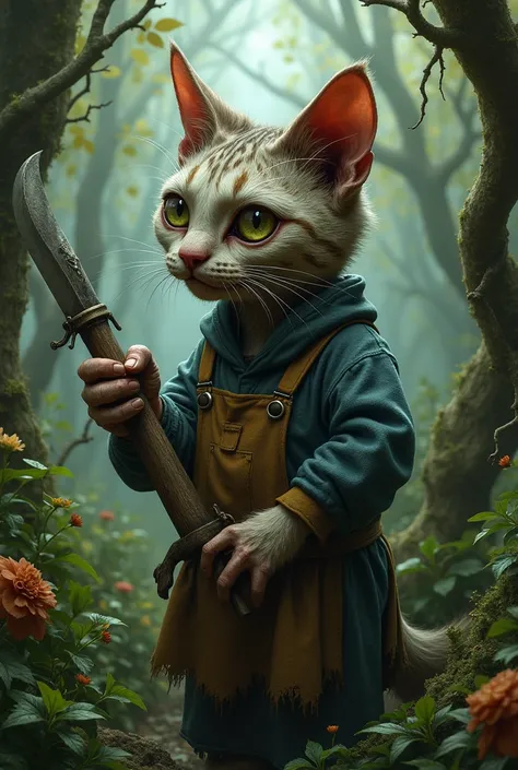 Ugly medieval cat in garden gear with shears in paw