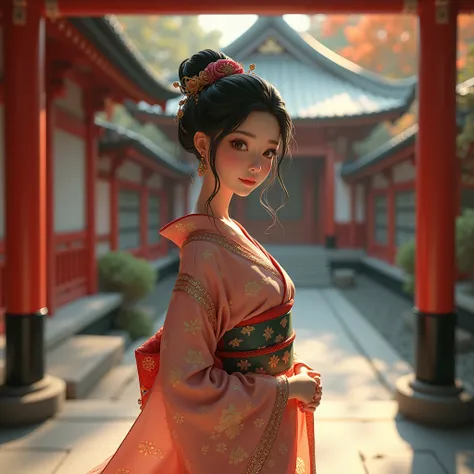 A woman in a kimono、beautiful、shrine、3D Animation、 top quality、 high definition 、