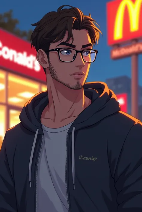 Homme, cheveux brun,1m69, barbe, cheveux très court,lunette,anime, sweat a capuche,macdo