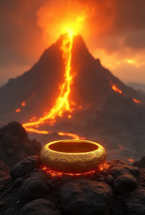 A dramatic scene from the Lord of the Rings, featuring a volcanic eruption in the background, with molten lava flowing down, and a golden ring prominently displayed in the foreground, surrounded by a mystical atmosphere, epic fantasy style, high detail, dy...