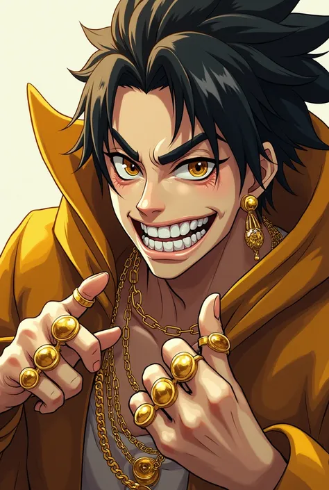 Create a picture for me in the anime Still the picture should be presented in such a way that the image comes from the camera the camera perspective should be set wide angle the person should white, medium size with Grillz in the teeth lots of gold rings o...