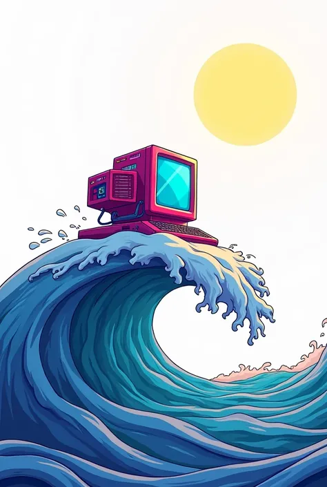 cartoonish, high resolution, comic, white background, polished, vaporwave computer on a sea wave, sea, polychrome, luxurious, sun, 4k, minimalist