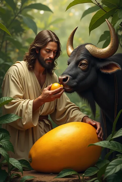 Jesus Christ is eating the fruit, there is a happy buffalo on a big mango.