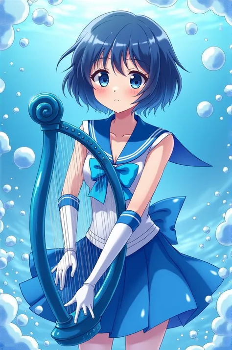 Make me an image of a young adult Sailor Mercury with short blue-black hair wearing her blue scout dress with sky blue bow on her chest holding a blue harp and surrounded by water jets and bubbles full HD anime style 