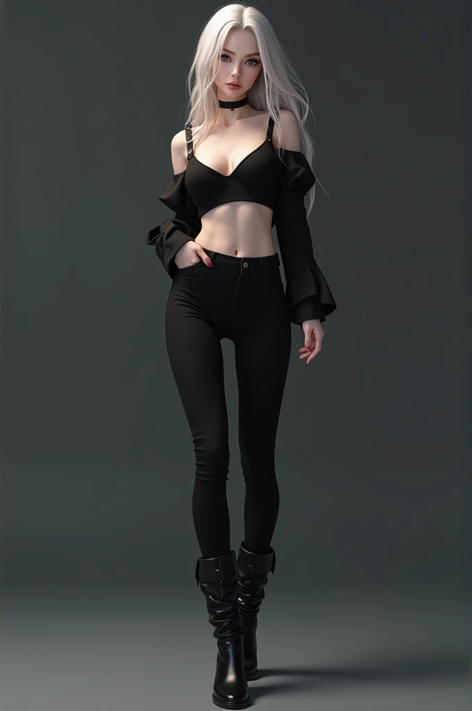  The image shows a three-dimensional representation of a young woman .  She has fair skin and wears a black top without shoulders ,  black pants and tall black boots .   Her hair is currently white /platinum blonde,  but the request is to change it to blac...