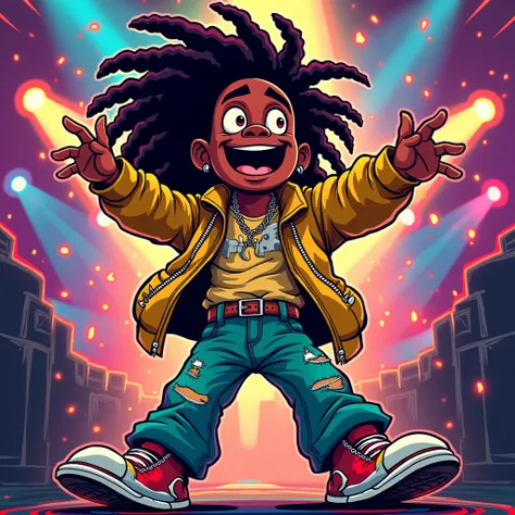 a cartoon artwork of rave lord rema a Nigerian afrobeat artist, signature by graphix pekin.