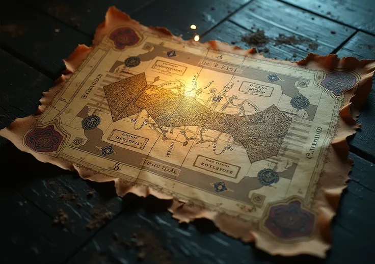 5	"An ancient map , partially burned ,  with cryptic symbols and messages that indicate a lost path, illuminated by a soft light,  suggesting a secret that must be unraveled ."
