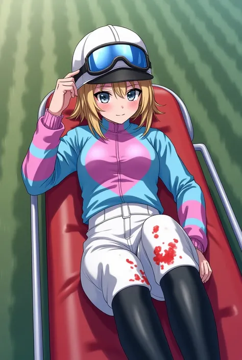  real illustration ,whole body,Life crisis, bloody jockey uniform , lying on her back on a stretcher , A 21-year-old Japanese female jockey who fell off her horse,japanese,Korean style beauty,Transparency, white skin,Gray Eyes,cute,Idol,Idol, Portraits,Mod...