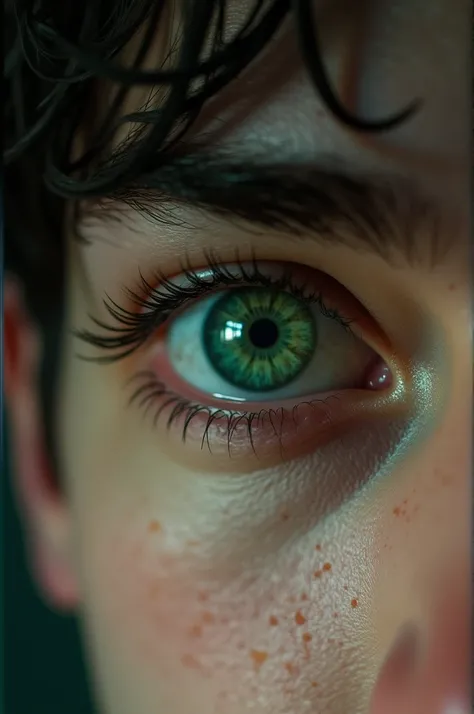  A green male eye with a darker green outline on the surrounding iris ,  showing a dark brown eyebrow with short eyelashes .  Very pale white skin around .  Something very realistic with veins , soft dark circles, small spots , Couples.  With a very realis...