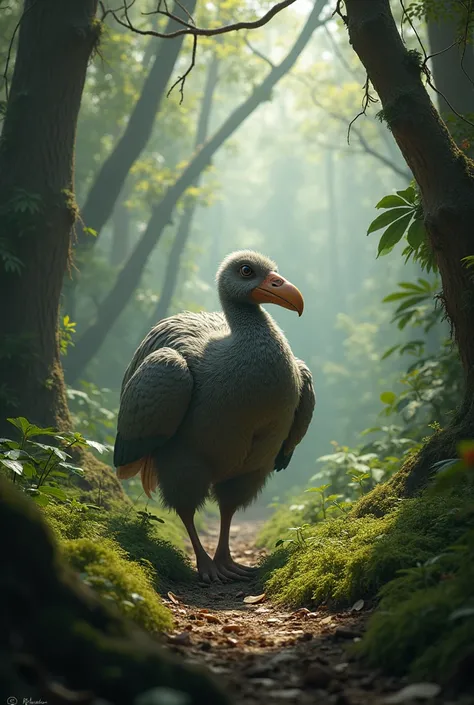 Give me an image of the DoDo, the extinct bird as it was in a thick forest walking,  super realistic 