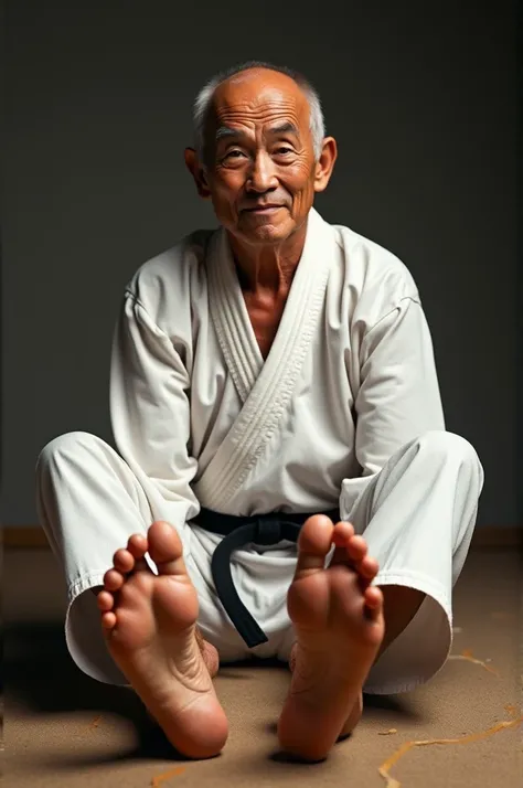 Mr miyagi from karate  with his feet in front of the camera and face behind his feet with stink lines on the feet