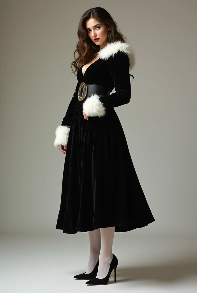 sexy, slim waist wide hips, black velour christmas aline midi dress, long hair, white stockings, high heels, white Fur trim,wide belt, full body