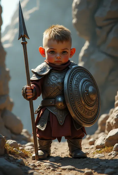 Little man holding a shield in his left hand and a spear in his right hand