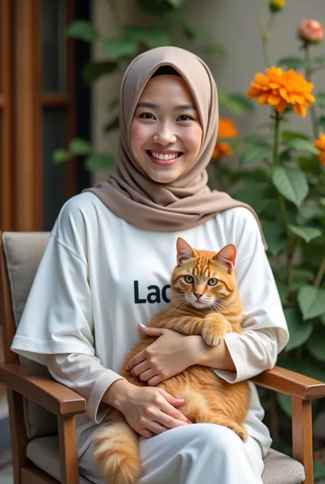  Full body photography of a beautiful Indonesian woman in hijab,  smiling sweetly, wearing a white t-shirt that says  "Lack",  sitting in my mothers chair ,  while hugging an orange angora cat,  in the back in front of the house , lots of flowers , morning...