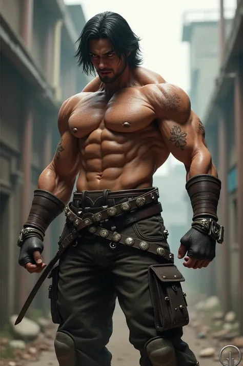  game character ,  looking rough but cool . Shirtless and calisthenic .  Black hair and Caucasian skin. 