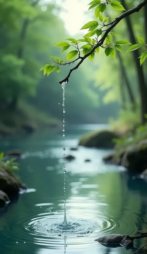 A branch drips water into the river.