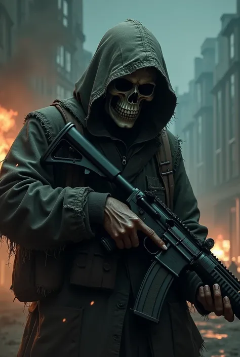  Hyperrealistic drawing of a man with a skull face and a hood, dark and torn clothes .  Its nighttime and its in an area of enemy fire . In his hands he holds a rifle. 