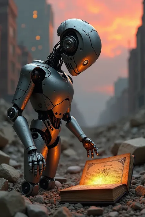 Based on this, generate an image to draw ,  a robot with its back that finds a magic book