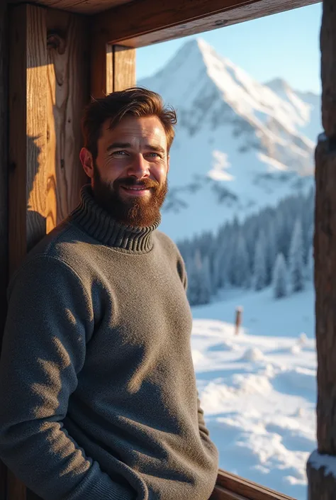 Snowy landscape
Mountain shelter with window
30-year-old hunky brown bearded man smiling at me wearing a turtleneck sweater
