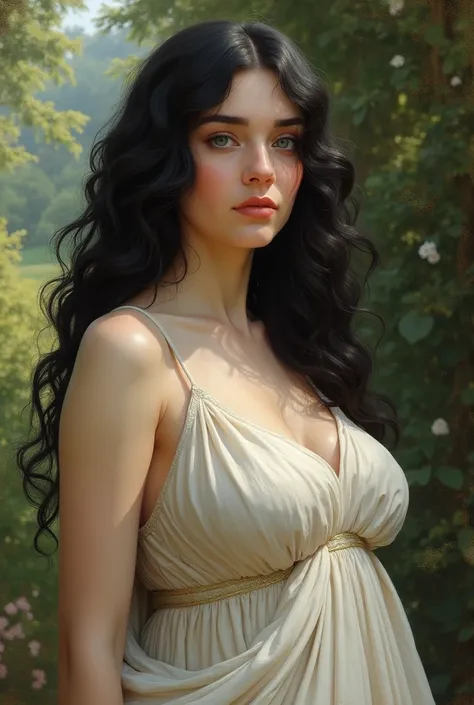 A painting done in the style of Raphael,Greek painting style, extremely fair skin,blue eyes,Extremely long black hair messy Curly,semi-transparent Greek dress, extremely large breasts,in a garden during the day,