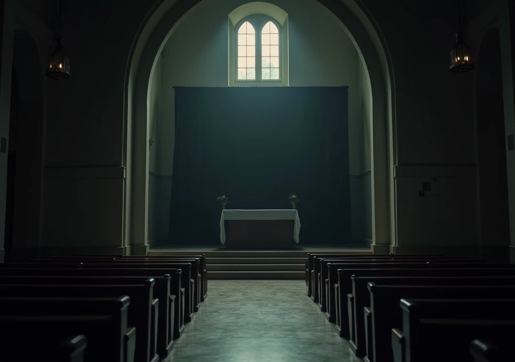 4	"Scene of an empty and silent church ,  with an altar covered by a dark curtain ,  symbolizing what is being hidden .  The soft light in the background suggests deep, unrevealed secrets."
