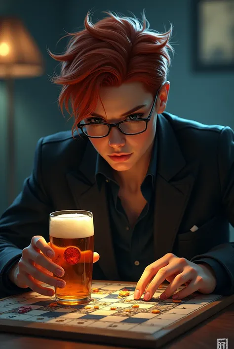 A spy with glasses, fire-colored hair with a beer and the BTS logo playing a board game.