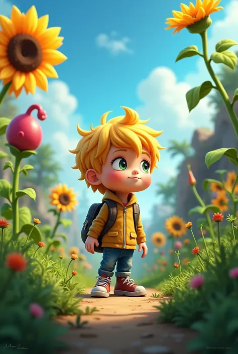  A boy with yellow hair about five years old, In the world of plant vs zombie  
