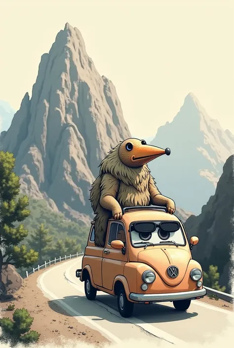 An image of a drawing of a mountain in a car,with arms, car with sunglasses and a beaked mouth as if it were walking