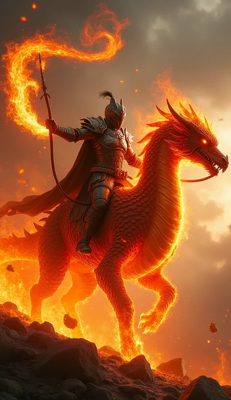 A macro photograph of a fiery commander clad in armor resembling dragon scales, riding a serpentine creature wreathed in swirling flames. The commander wields a whip of fire that dances in the air. The scene takes place in a volcanic battlefield, with fier...