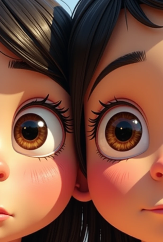 Create Disney Pixar mode photo of two eyes, one of a girl and the other of a boy with brown eyes and black hair