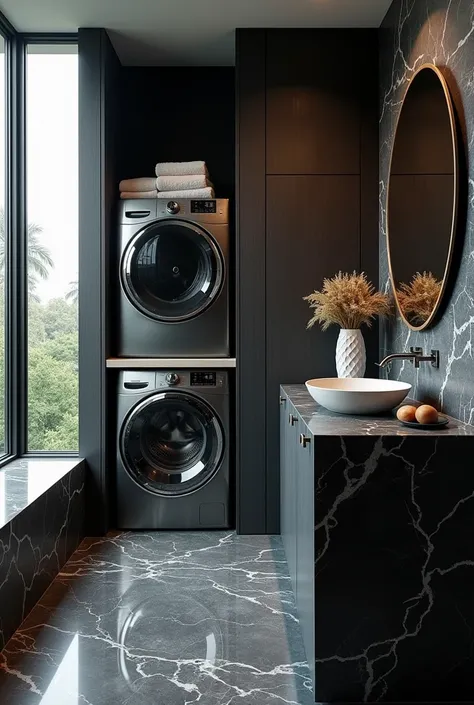 bathroom with black marble and a washing machine there 