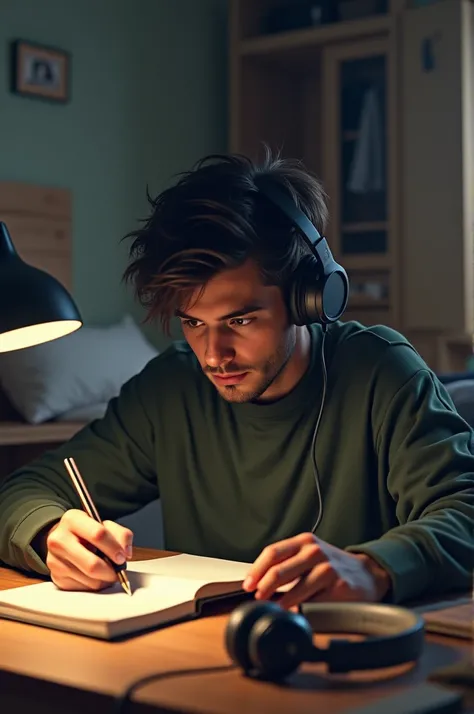 Create an image of a  wearing a headphone on his ear inside his bedroom with a bed and closet in the background writing something in the notebook on the table