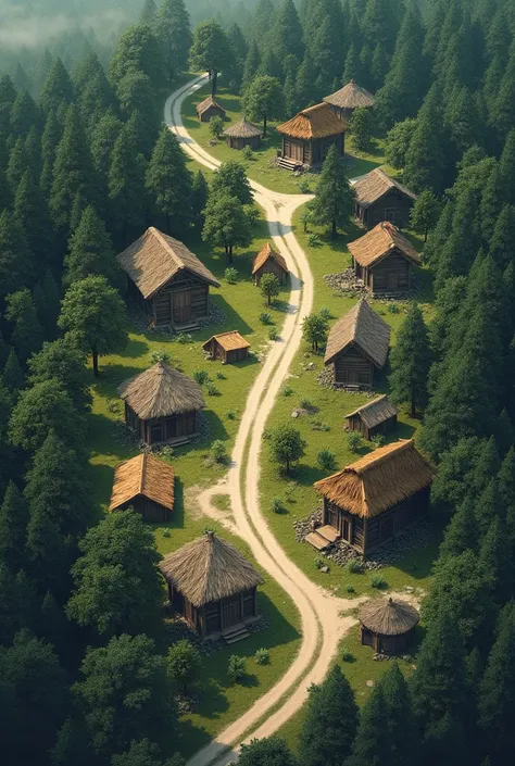  A cartography of a small village that has no access to drinking water, Lets see the houses , Let it be in the woods and pass a main road that is modern 