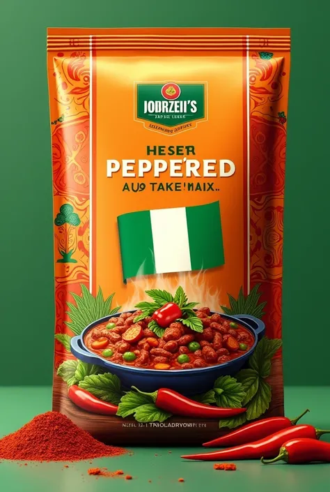 Design a vibrant and visually captivating seasoning mix package that embodies the rich Nigerian spirit and culinary heritage. The package should feature an artistic depiction of a hot plate of peppered stew , steaming and garnished with colorful vegetables...