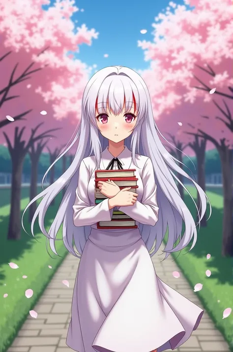 anime female, long straight hair, straight bangs, white hair with red highlights on tips, holding books, white school dress, walking, school background, cherry blossom trees