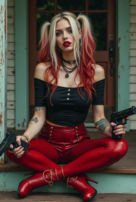 Ultra realism, detailed. Full body in image, head to feet. Gothic harley quinn. Long wavy messy dark blonde hair with red streaks worn down on shoulders. Hair blowing in the wind. Wearing black red off the shoulders short sleeve shirt, large boobs, red bla...