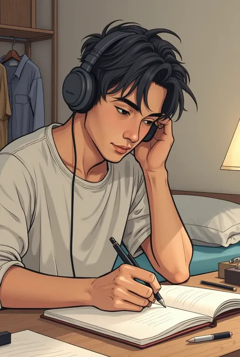 Create the image in the form of a drawing of a  wearing a headphone on his ear inside his room with a bed and a closet in the background writing something in his notebook on the table