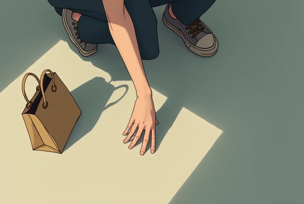 a depressed  keeping his bag on house floor, focus on only on bag and hand, above view, anime style, flat color, 2d, masterpiece