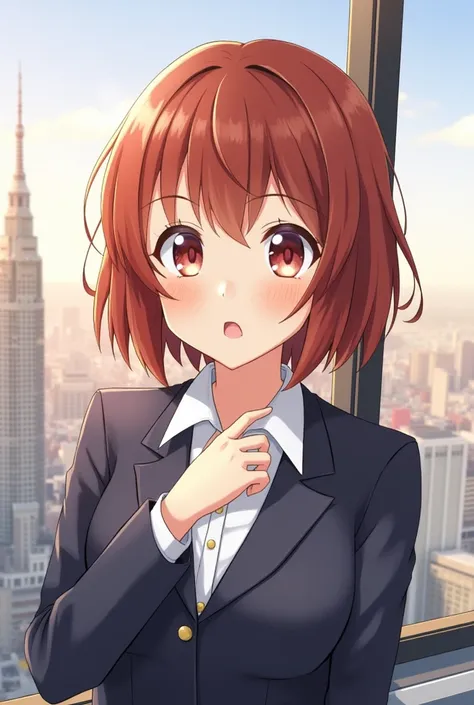  1 girl,  high definition ,  turn your gaze , chest, Bangs,  bob hair,Reddish brown hair,Older sister,  anime style illustration, simple background, Overlooking,  character design drawing,Im an illustrator, and I can see the city window of a skyscraper in ...